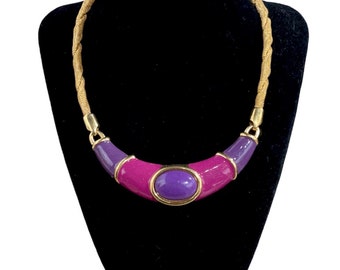 vintage 1980’s MONET enamel collar necklace / 80’s chunky gold necklace / purple pink Barbie jewelry / vintage jewelry