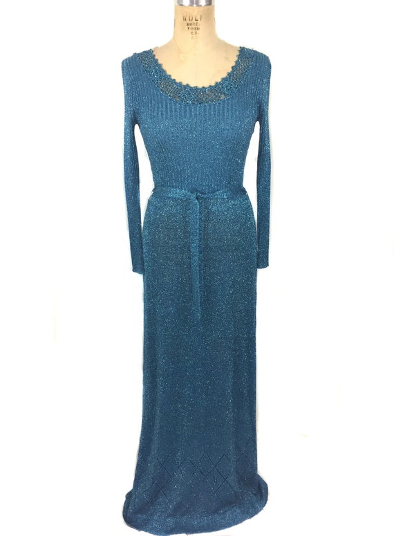 vintage 1970's blue lurex knit dress / Wenjilli /