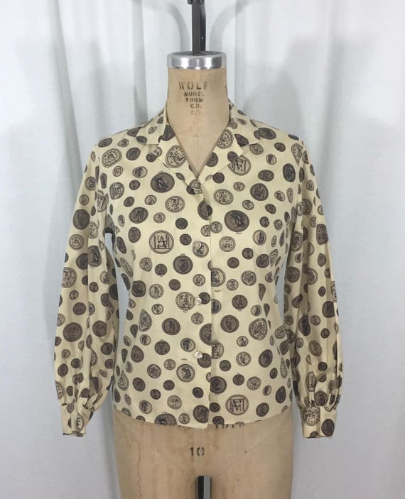 vintage 1970's coin blouse / 70’s cotton novelty … - image 2
