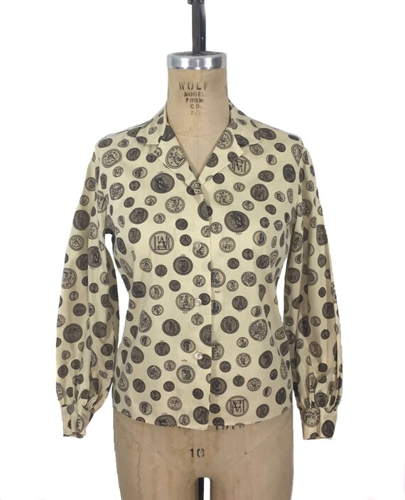 vintage 1970's coin blouse / 70’s cotton novelty … - image 1