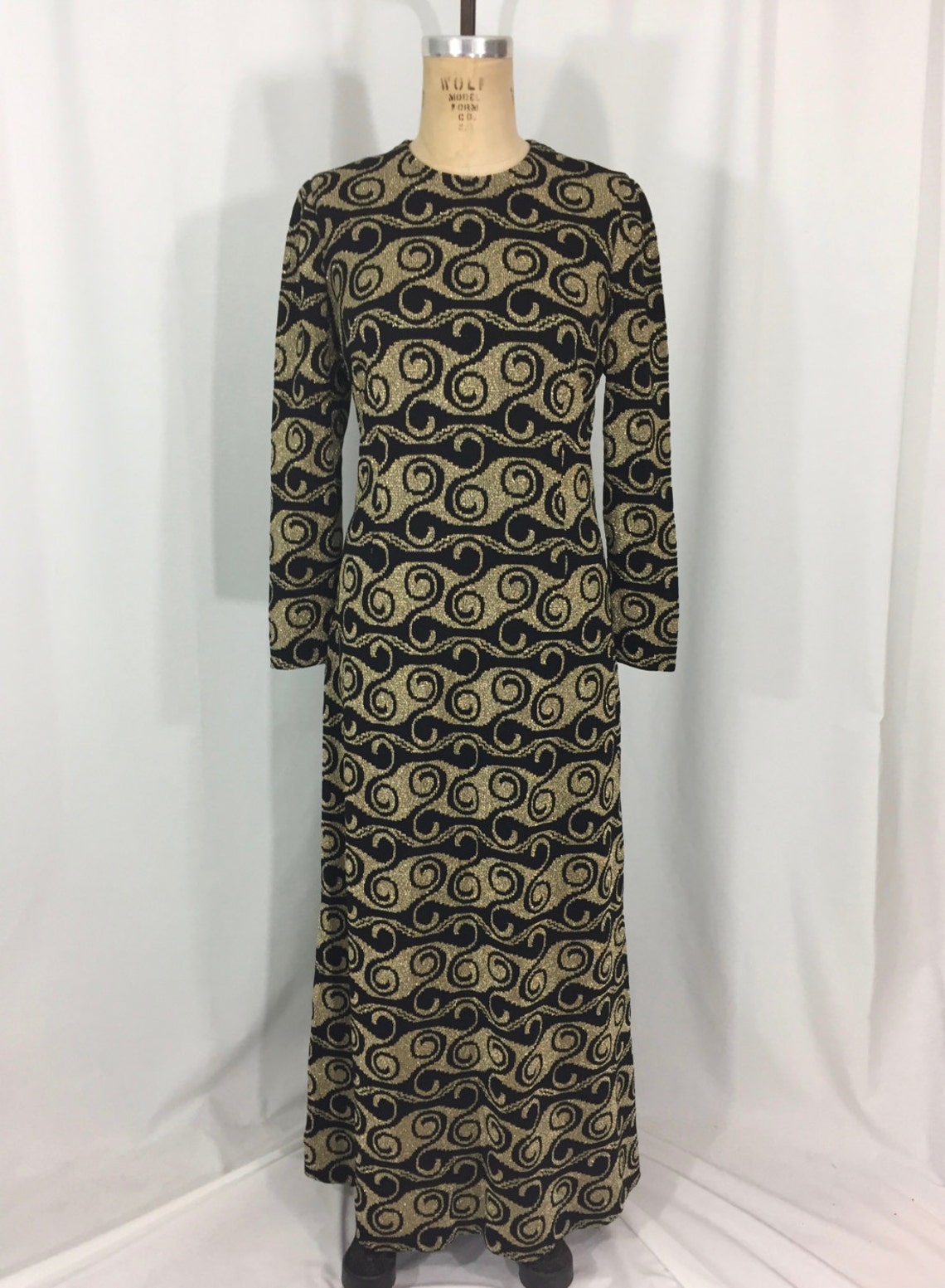 Vintage 1970's lurex swirl maxi dress / black gold / swirl | Etsy