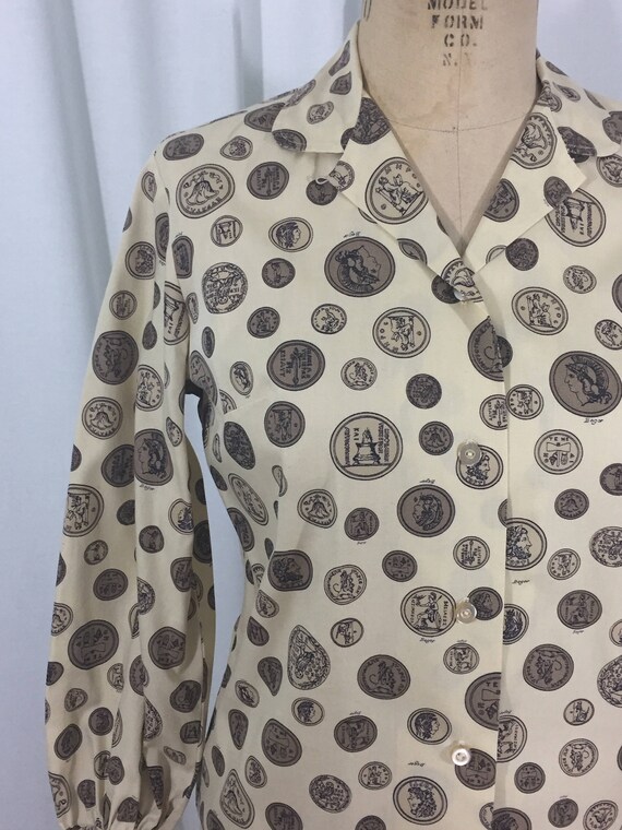 vintage 1970's coin blouse / 70’s cotton novelty … - image 3