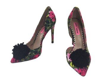 vintage BETSEY JOHNSON pom pom heels / floral polka dot stilettos / d'orsay heels / women's vintage heels / size 7.5