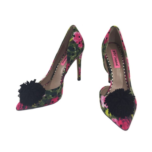 vintage BETSEY JOHNSON pom pom heels / floral polka dot stilettos / d'orsay heels / women's vintage heels / size 7.5