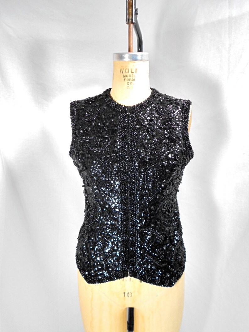 vintage 1960's black sequin vest / Franklin Simon New York / 60s zip-up embellished top / women's vintage vest / size medium image 2