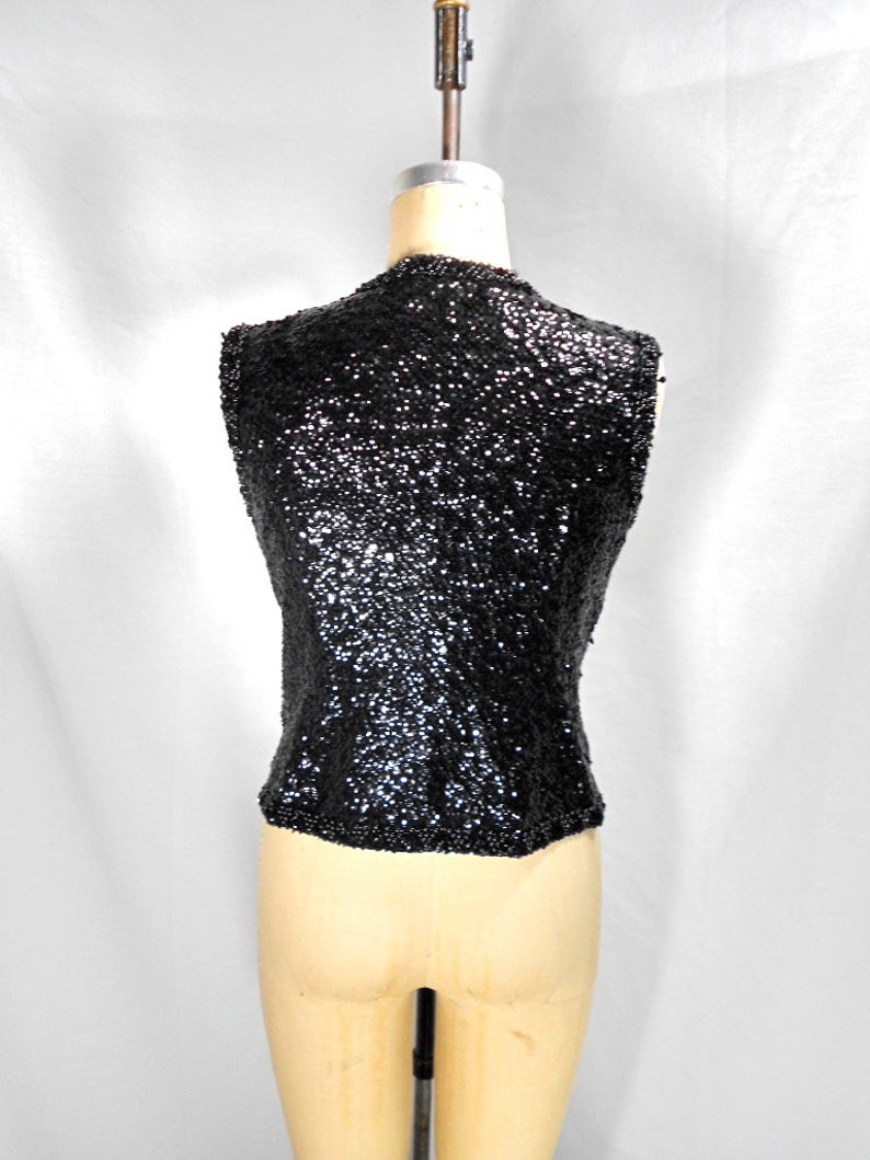 vintage 1960's black sequin vest / Franklin Simon New York / 60s zip-up embellished top / women's vintage vest / size medium image 4