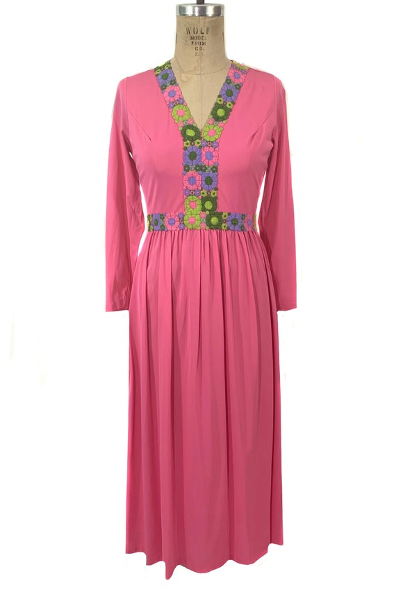 vintage 1970's pink floral maxi dress / 70’s nylon