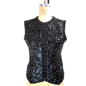 vintage 1960's black sequin vest / Franklin Simon New York / 60s zip-up embellished top / women's vintage vest / size medium image 1