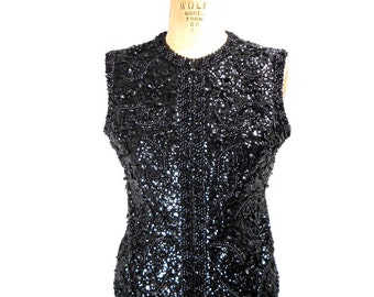 vintage 1960's black sequin vest / Franklin Simon New York / 60’s zip-up embellished top / women's vintage vest / size medium