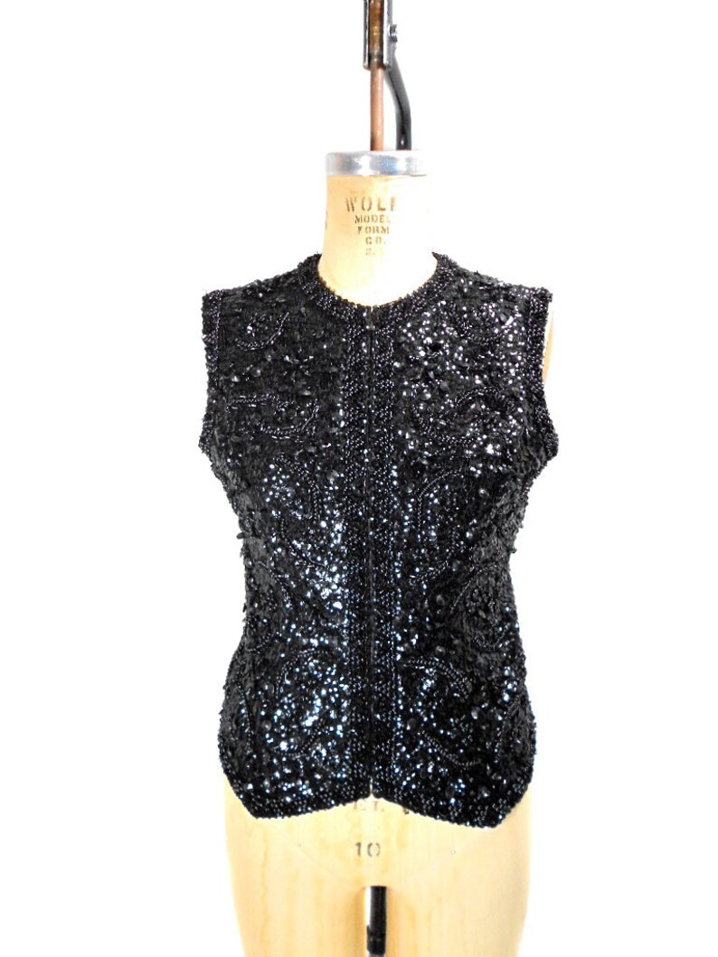 vintage 1960's black sequin vest / Franklin Simon New York / 60s zip-up embellished top / women's vintage vest / size medium image 1