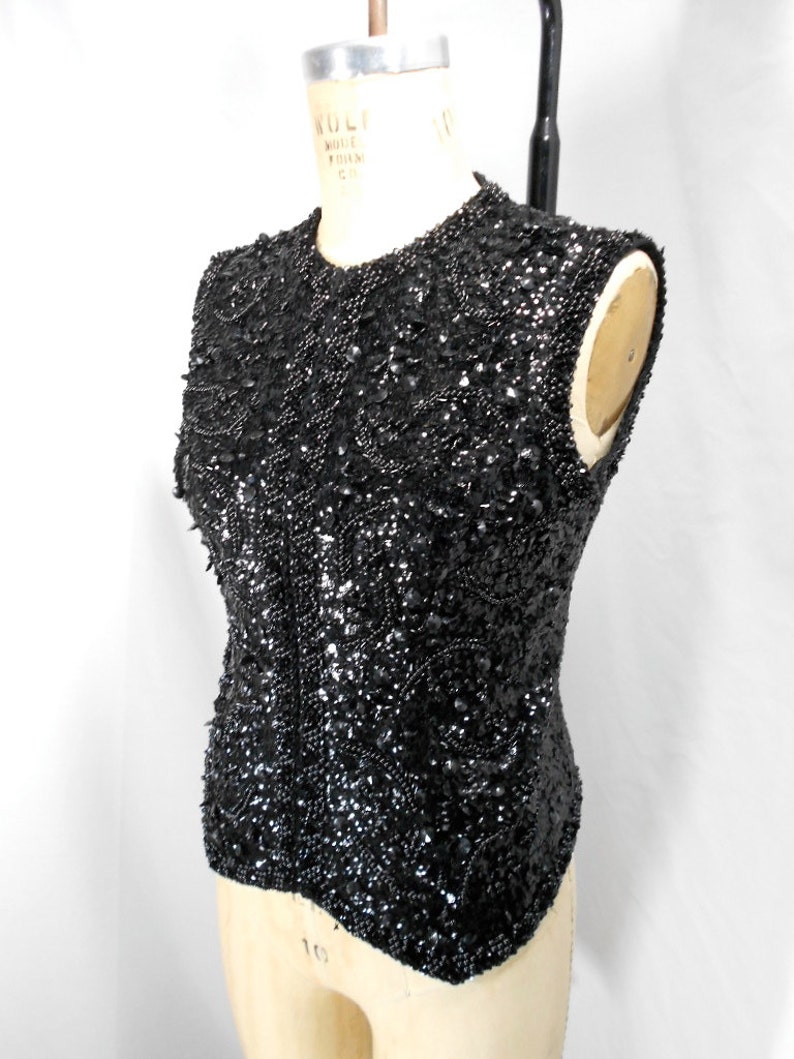 vintage 1960's black sequin vest / Franklin Simon New York / 60s zip-up embellished top / women's vintage vest / size medium image 3