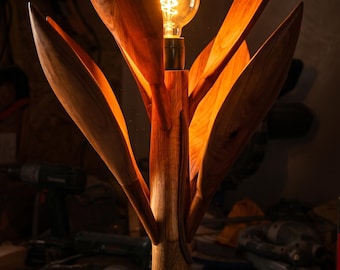 Handmade Wooden Flower Floor Lamp - Raw Oak & Cherry Wood Sculptural