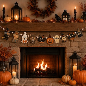 May include: A Halloween garland featuring a series of wooden cutouts including a witch, scarecrow, ghost, werewolf, black cat, jack-o'-lantern, mummy, skeleton, bat, and owl, all strung together with white beads against a stone fireplace.