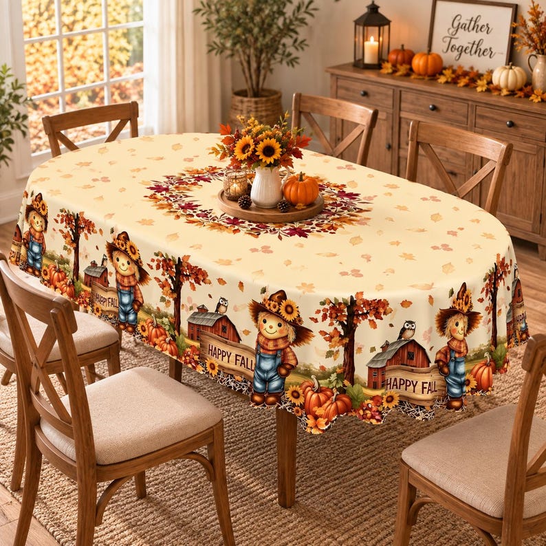 Fall Tablecloth, Autumn Scarecrow Pumpkin Table Cover, Thanksgiving ...
