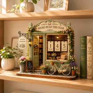 May include: A miniature bookshop model titled Olivia's Bookshop with a sign reading Books Read This Year and the number 145. The green structure features a bicycle, floral decorations, a small chalkboard sign saying One More Chapter, and interior lighting.