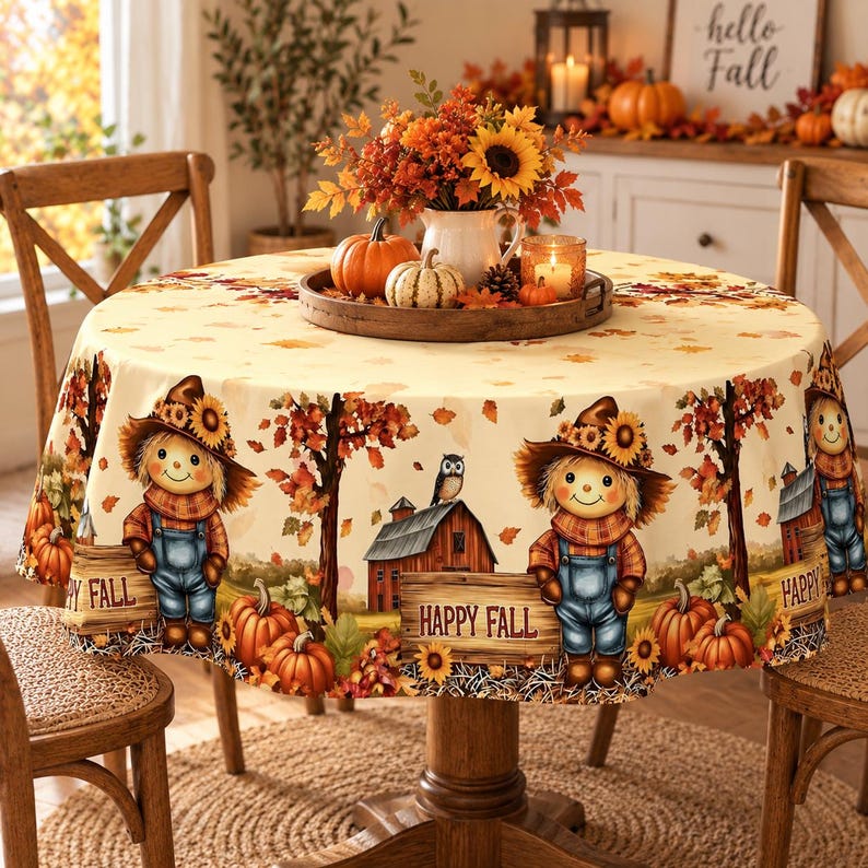 Fall Tablecloth, Autumn Scarecrow Pumpkin Table Cover, Thanksgiving ...