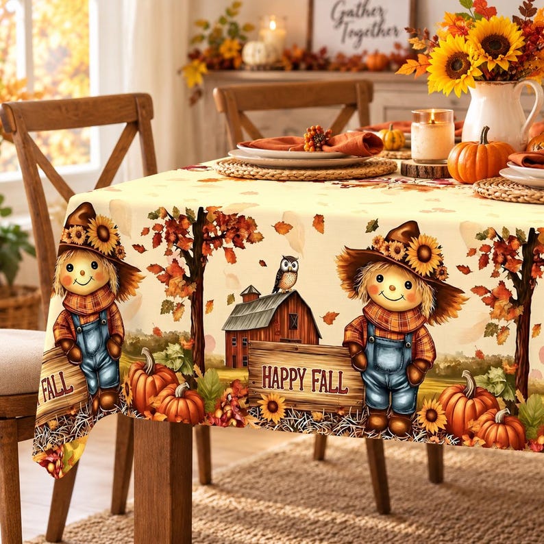 Fall Tablecloth, Autumn Scarecrow Pumpkin Table Cover, Thanksgiving ...