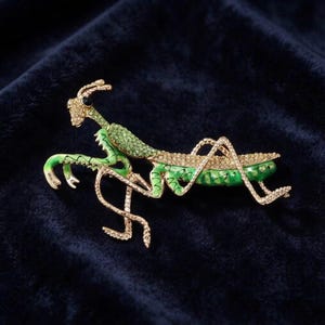 Può includere: Una spilla a forma di mantide religiosa in metallo dorato, con dettagli in smalto verde sul corpo e sulle zampe, impreziosita da numerosi piccoli strass trasparenti sul dorso e sugli arti, completata da una singola pietra nera per l'occhio.
