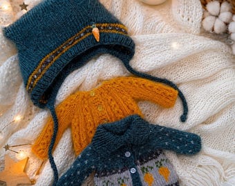 Conjunto Blythe hecho a mano: cárdigan de zanahoria y gorro con orejas de gato.