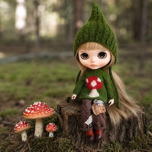 Blythe Doll Woodland Mushroom Sweater and Pixie Hat, Handmade Knitwear Cottagecore Outfit