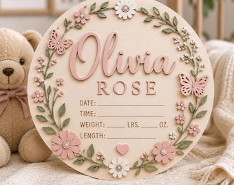 Personalized Baby Birth Stats Sign, Custom Name Romper Announcement, Newborn Nursery Decor, Baby Shower Keepsake Gift