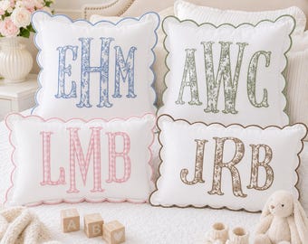 Personalized Monogram Pillow Cover, Custom Embroidered Applique Scallop Cushion, Nursery Dorm Room Throw Pillow, Toddler Decor