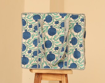 Hand Block Print Tote Bag, Blue Pomegranate Cotton Tote, Quilted Shoulder Bag, Reusable Market Bag, Boho Shopping Bag, Floral Carryall Tote