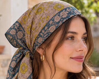 Hand Block Printed Cotton Bandana for Women, Floral Head Scarf, Boho Hair Wrap, Yellow Flower Print Kerchief,Fashion Accessory, Gift for Her