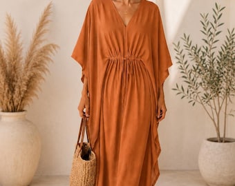 Robe caftan couleur terre cuite rouille, robe longue en coton, camouflage bohème sur la plage, caftan pour tenue de villégiature, robe longue ample, tenue de vacances pour femme