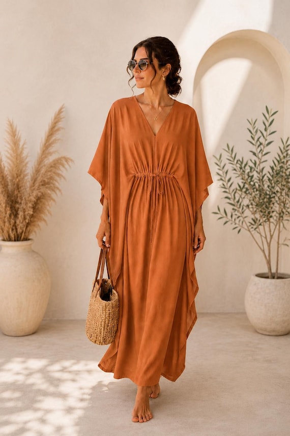 Terracotta Rust Kaftan Dress,Cotton Maxi Dress, Boho Beach Cover Up, Resort Wear Kaftan, Loose Fit Lounge Dress, Vacation Outfit Women