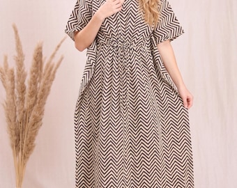 Black & Beige Chevron Kaftan Dress, Cotton Beach Cover Up, Women's Boho Kaftan, Loose Maxi Caftan, Resort Wear, Summer Lounge Dress, Kaftan