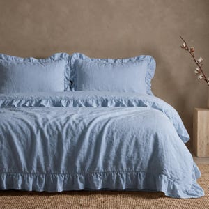 May include: A light blue bedding set featuring a duvet cover and two matching pillowcases, all adorned with ruffled edges. The fabric has a visible, textured weave, and the entire set is presented in a soft, solid light blue color throughout.