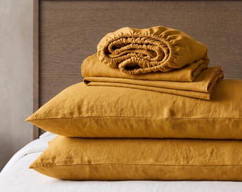 Mustard Yellow Linen Sheet Set, Mustard Yellow Bedding Set, Cozy Boho Bedroom Bedding, Rustic Farmhouse Bedding, Warm Mustard Home Decor .