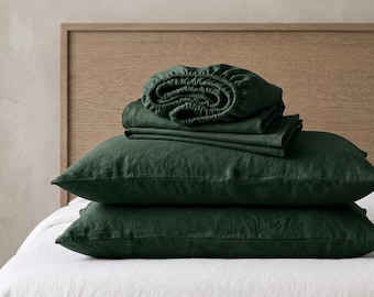Forest Green Linen Sheet Set, Dark Green Bedding Set, Natural Linen Bed Sheets, Soft Washed Linen Bedding, Breathable Linen Sheets, SheetSet