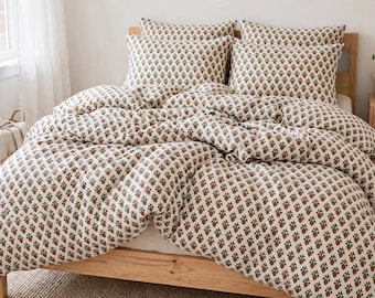 Hand Block Printed Linen Duvet Cover, Floral Linen Bedding, Botanical Print Duvet Cover, Handmade Linen Cover, Boho Natural Linen Bed Cover