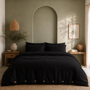 Black Linen Duvet Cover, Washed Linen Bedding Set, Minimalist Black Duvet Cover, Button Closure Quilt Cover, Soft Linen Cover, Bedroom Decor