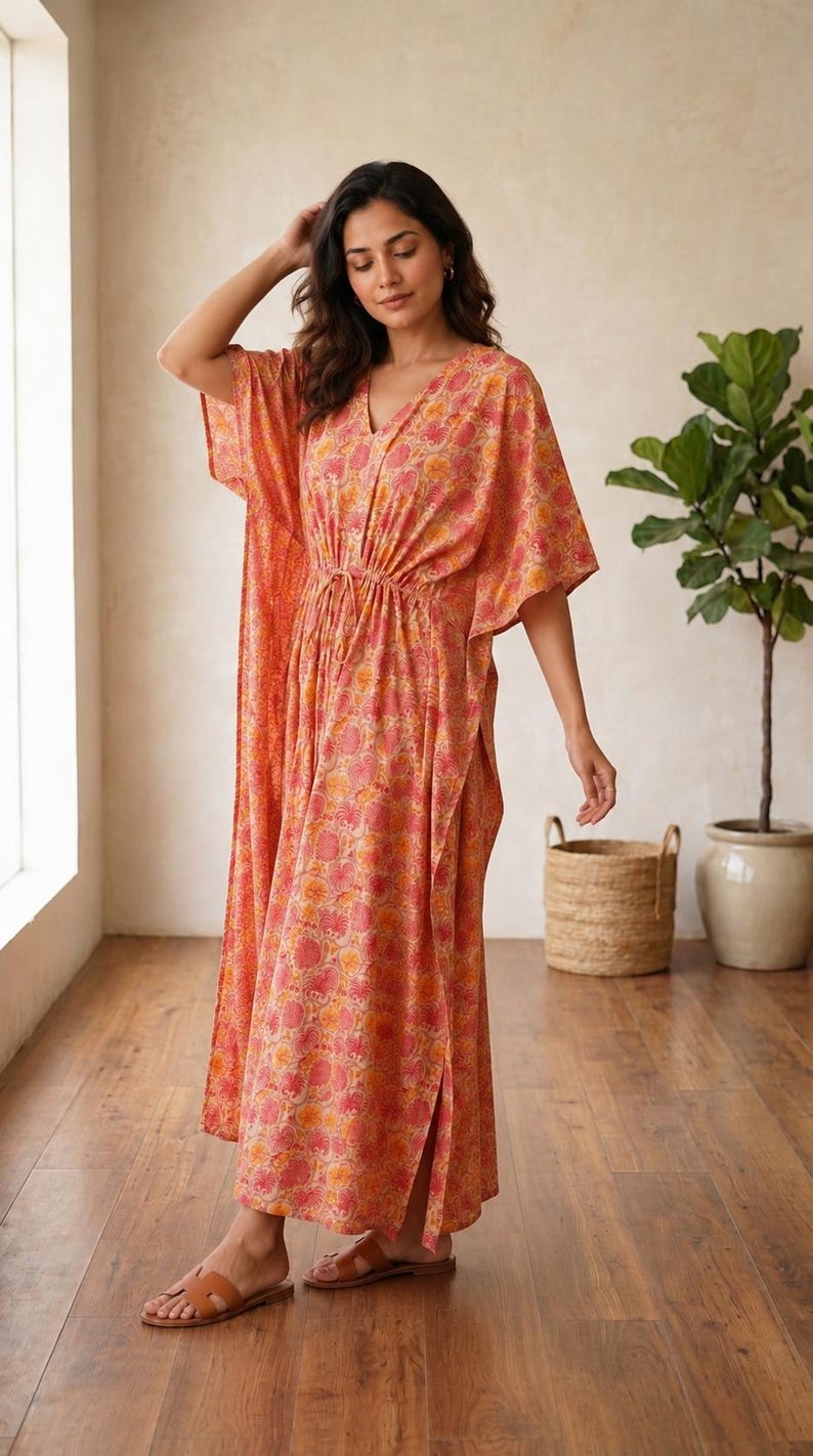 Puede incluir: Un vestido caft&aacute;n largo hasta los pies con un estampado floral en tonos coral y naranja, con cuello en V, mangas anchas estilo kimono y un cord&oacute;n ajustable en la cintura. La prenda tiene aberturas laterales y se combina con sandalias marrones.