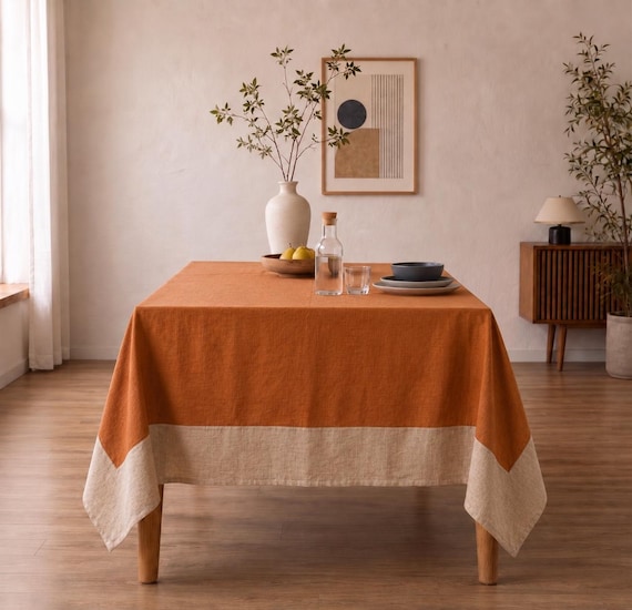 Rust Orange and Beige Two Tone Linen Tablecloth, Rustic Farmhouse Dining Table Cover, Two Color Table Linen, Elegant Kitchen Dining Decor