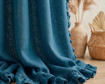 May include: A deep teal curtain panel made of a textured fabric, featuring a vertical ruffled edge along the side and a gathered ruffled hem at the bottom. The fabric has a visible weave and hangs in soft, vertical folds down to the floor.