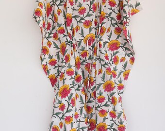 Hand Block Print Kaftan Dress, Floral Cotton Kaftan, Beach Cover Up, Boho Maxi Kaftan, Resort Wear Dress, Lightweight Summer Kaftan, Kaftan