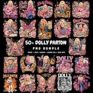 Könnte beinhalten: Eine digitale Sammlung von über 50 Dolly Parton Grafikdesigns mit Illustrationen der Sängerin mit Gitarren, Schmetterlingen, Blumen, Cowboyhüten und Kassetten, mit Text wie Dolly Parton, 1946-2026 und 50+ Dolly Parton PNG Bundle.