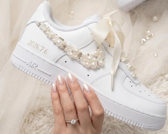 Custom Pearl Bridal Sneakers, Nike Air Force Inspired Wedding Shoes