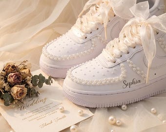 Pearl Bridal Sneakers for Bride, Personalized Wedding Shoes with Name, Custom Reception Sneakers