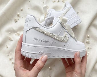 Custom Pearl Bridal Sneakers, Nike Air Force Inspired Wedding Shoes