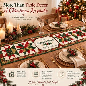 May include: A rectangular fabric table runner featuring a patchwork star pattern in red, green, and gold. The center panel displays the text The Thompson Family, Good People Brighter Christmas, and a holly illustration on a cream background.