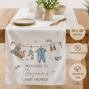 Personalized Train Plane Baby Shower Table Runner, Boy Travel Decor, 30x40 Silk Custom Name