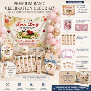 May include: A premium celebration decor kit featuring a large banner with a ladybug illustration and the text A Little Love Bug Is On The Way, a balloon garland, favor keychains, and printable game templates for a baby shower event.