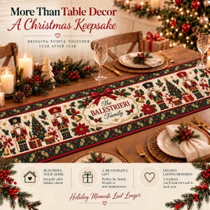 May include: A rectangular fabric table runner featuring a cream-colored center with a repeating pattern of nutcrackers, Christmas trees, gifts, and holly. The text "The BALESTRIERI Family" is centered in a decorative frame with a red bow.