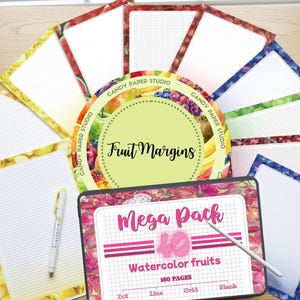 May include: A collection of stationery items, including notepads and a tablet, arranged on a wooden surface. The notepads feature colorful fruit-themed borders and various page styles. The tablet displays "Mega Pack" and "Watercolor fruits" text.