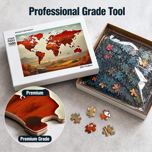 May include: A 1000-piece jigsaw puzzle set featuring a world map illustration in shades of red and orange. The white box displays the text "Jigsaw Puzzle 1000" and "Size: 75x50cm". Includes a plastic bag of puzzle pieces and a close-up view of wooden pieces.
